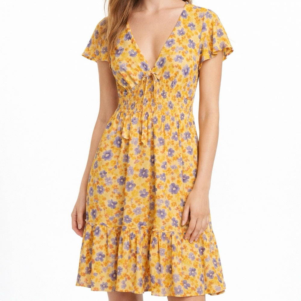 Arizona Jean Co. Yellow Purple Floral Smocked Waist Flutter Dress Large New